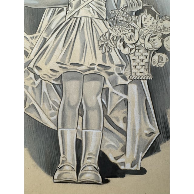 American 1940s Original Signed Graphite Illustration of May Queen Child Portrait, 10.5 × 7.5 In. For Sale - Image 3 of 6