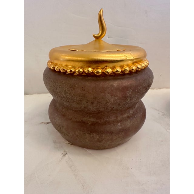 Modern Studio Art Glass Jars With Gold Leaf Tops -a Pair For Sale - Image 3 of 6