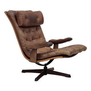 Scandinavian Swivel Armchair in Brown Furniture Leather, 1960s For Sale