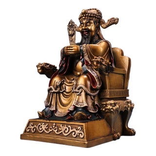 Antique Chinese Gilt Bronze Dragon King Statue With Polychrome Paint For Sale