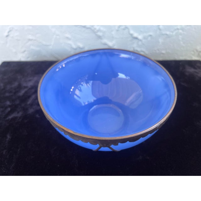 Metal Antique Chinese Blue Peking Glass Bowl With Signed Ornate Metal Mount For Sale - Image 7 of 8