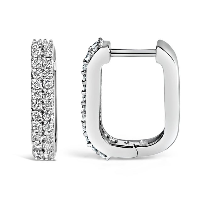 Contemporary 10K White Gold 1/4 Cttw Lab Grown Diamond Double Row Huggie Hoop Earrings For Sale - Image 3 of 5