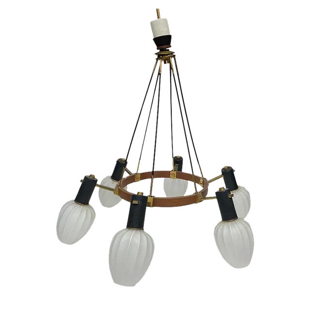 1960s Stilnovo Style Mid-Century Modern Brass Teak and Glass Italian Chandelier For Sale