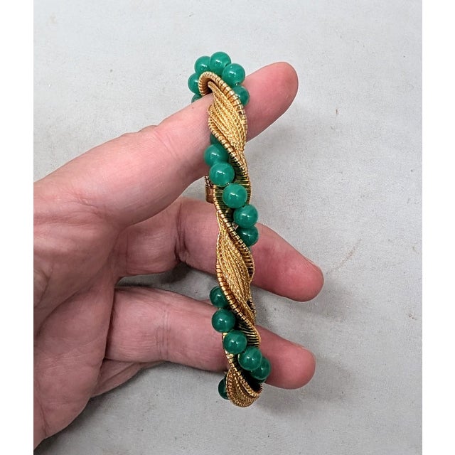Green Vintage 1960s Signed Napier Goldtone Faux-Jade Beaded Twisted Bracelet For Sale - Image 8 of 8