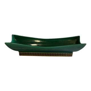 Vintage Jade Green Decorative Tray With Brass Base For Sale