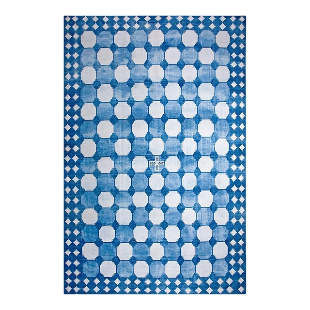 1930s Blue White Octagonal Antique Indian Cotton Dhurrie Rug 12'3" X 19' Flat Weave Cotton Carpet For Sale