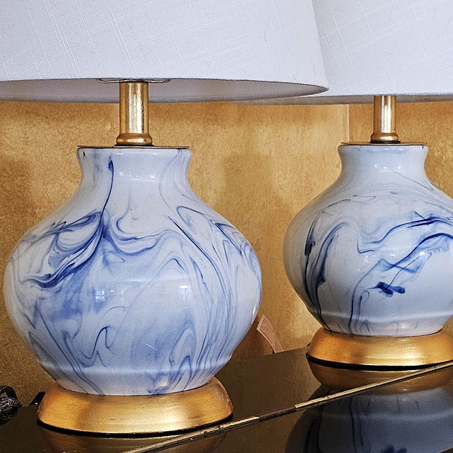 Pair of Jonathan Y Holly Marbleized Ceramic Table Lamps in Blue & White For Sale - Image 14 of 18