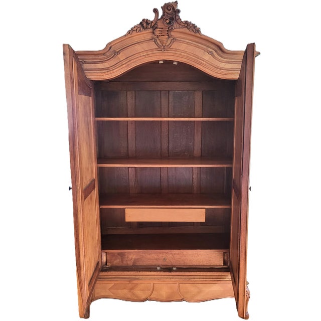 Brown Antique French Louis XV Style Carved Walnut Double Mirror Door Armoire Wardrobe For Sale - Image 8 of 18