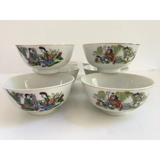 Mid-20th Century Gold Rimmed Porcelain Rice Bowls With Japanese Scenes ...