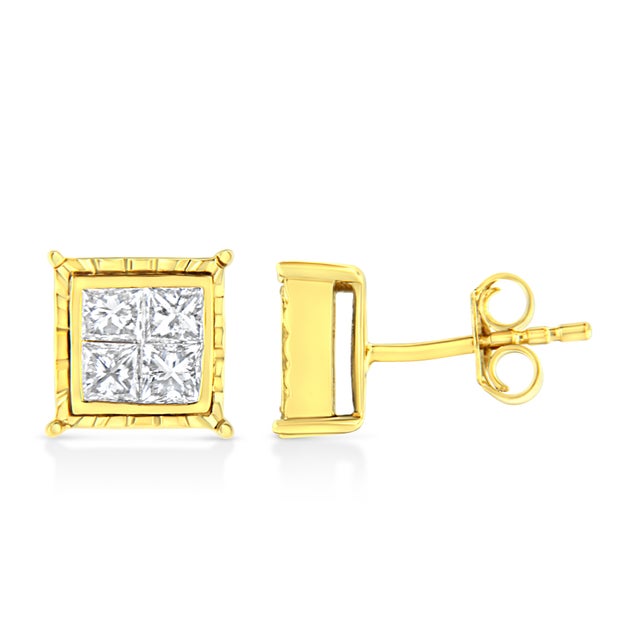 Contemporary 14K Yellow Gold 1.0 Cttw Invisible Set Princess-Cut Diamond Composite 8 Stone Stud Earrings (I-J Color, SI1-SI2 Clarity) For Sale - Image 3 of 6