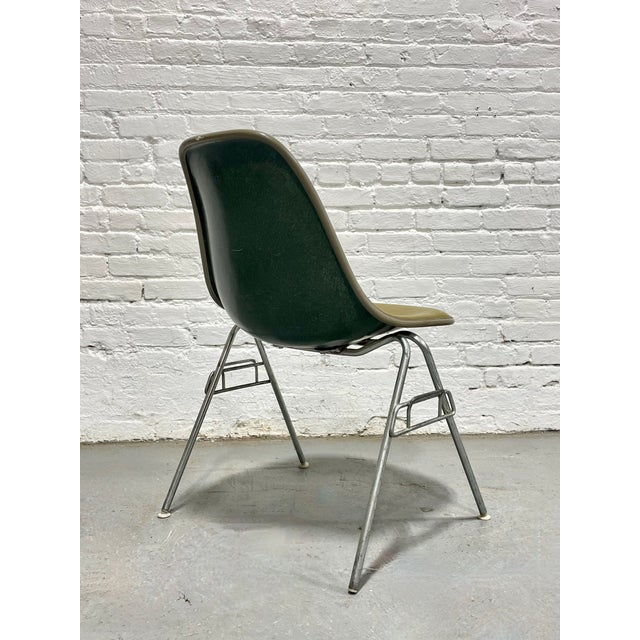 Vintage Herman Miller Eames Olive Green Upholstered Fiberglass Shell Chair – Stacking Wire Base, C. 1950's For Sale In New York - Image 6 of 10