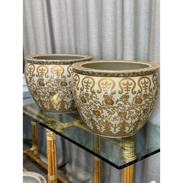 Stunning pair of vintage Chinoiserie gold & white hand decorated large size fish bowls. jardinieres