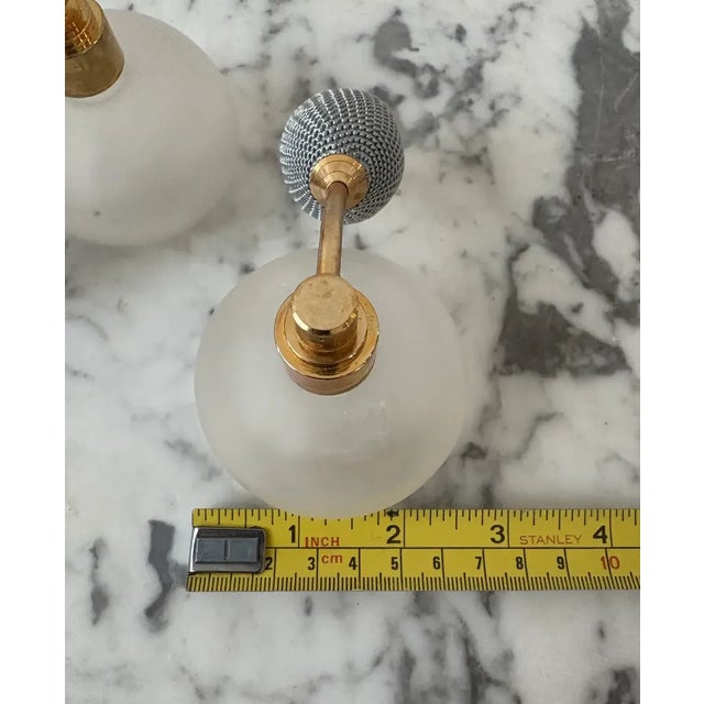 Mid 20th Century Vintage Waltersperger Frosted Glass and Brass Perfume Bottles (Pair) With Silvertone Mesh Atomizer - France For Sale - Image 5 of 7