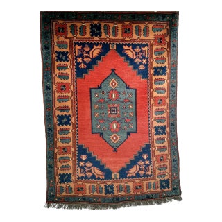 Vintage Kurdish Tribal Area Rug, Handwoven Wool, Red Medallion Design, 4' x 5' For Sale