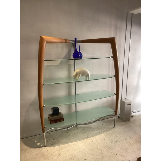 Italian Cherry Wood Wall Unit with Lacquered Back Panel and Glass Shelves, 1980s For Sale - Image 9 of 9