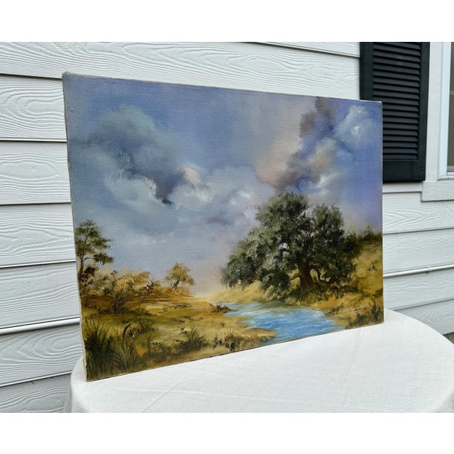 Vintage Traditional Realism Landscape Still Life Original Oil on Canvas, Blue, Green, Tan For Sale - Image 4 of 12