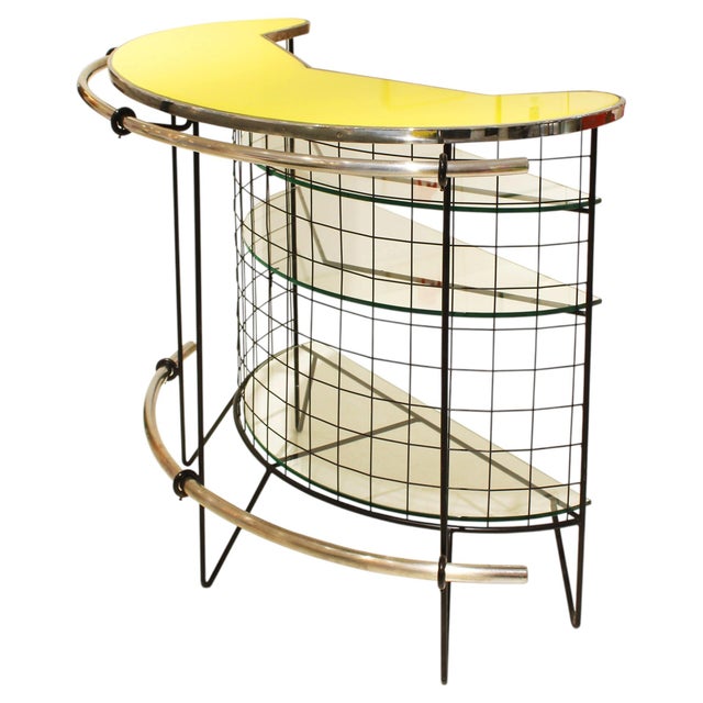 Yellow Mid-Century Modern Curved Iron and Glass Bar with Yellow Glass Top, Italy, 1950 For Sale - Image 8 of 8