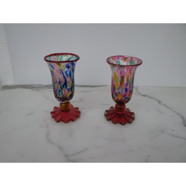 Pair of multicolored Murano Goblets/Glasses with "Fazzoletto" base Pair includes both glasses/goblets. Each piece features...