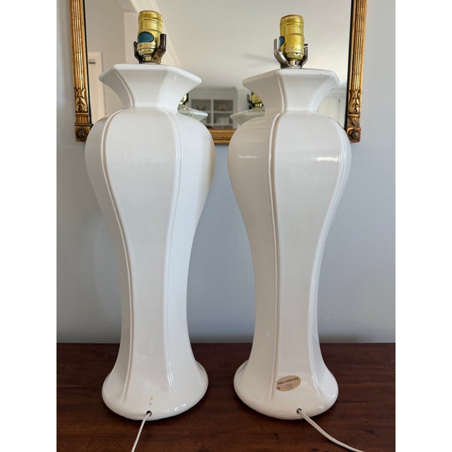 Ceramic Pair of Hollywood Regency White Lamps For Sale - Image 7 of 7