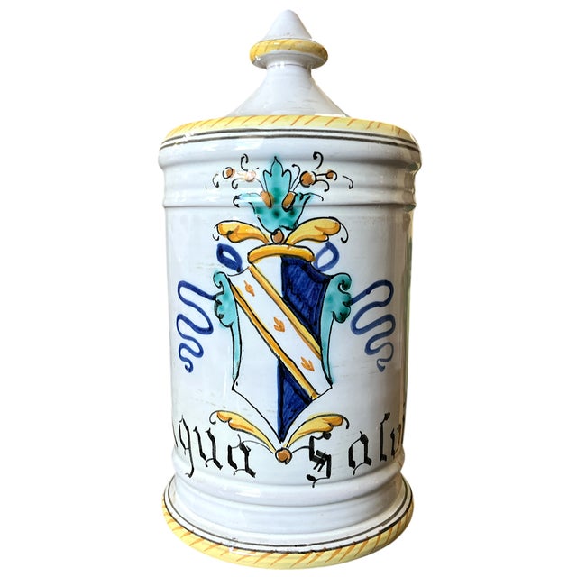 Bunny Williams Home 1960s Set of 3 Italian Majolica Apothecary Jars – Aqua Anisi, Rosmarinus & Aqua Salvia For Sale - Image 4 of 11