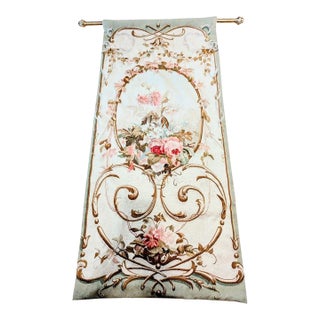 Aubusson Embroidered Tapestry on Vintage Brass Pole With Neoclassical Floral Medallion Motif For Sale