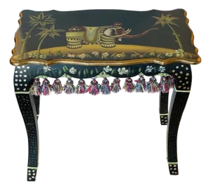 Mac Kenzie Childs Style Tropical Elephant Side Table Handpainted With Fringes