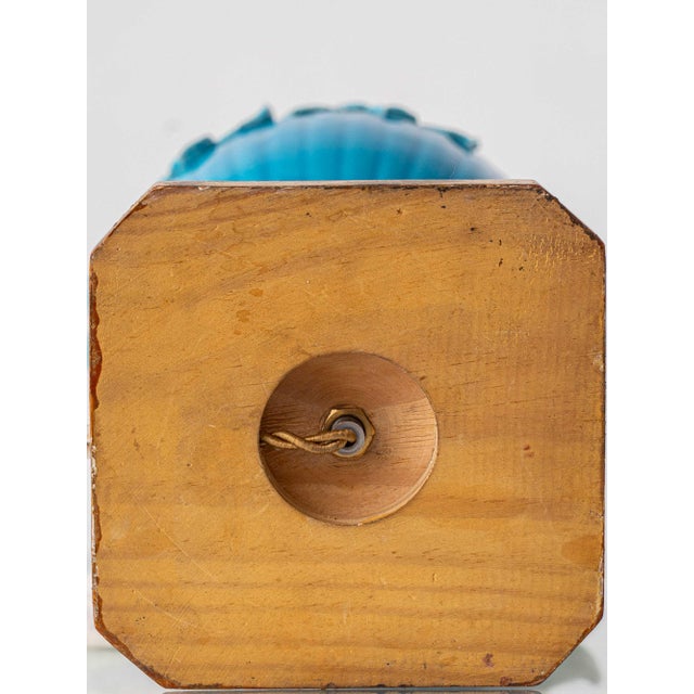 Hand-Carved Turquoise Floral Ceramic Table Lamp with Silk Lampshade from Manises, Spain, 1960s For Sale - Image 12 of 16