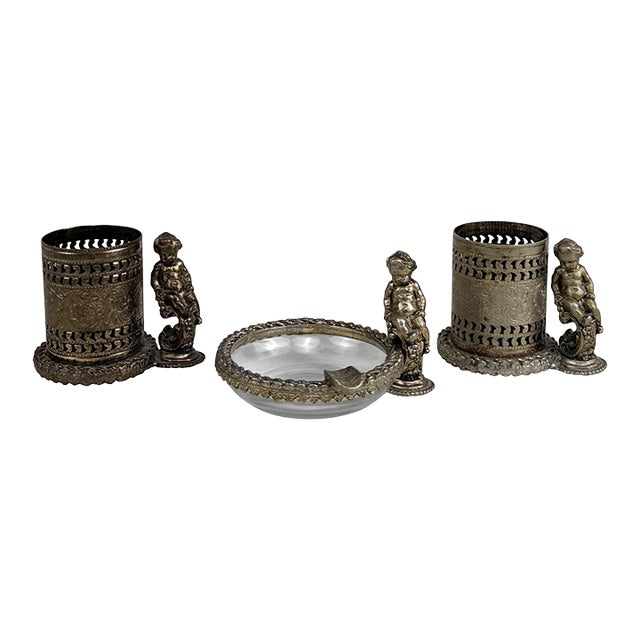 Vintage Victorian Rococo Cherub Ashtray & Match Holder Smokers Set For Sale