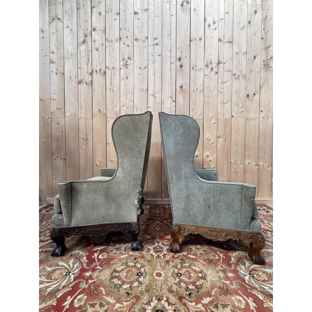 Wood George III Style Wingback Armchairs in Carved Wood, 18th Century, Set of 2 For Sale - Image 7 of 8