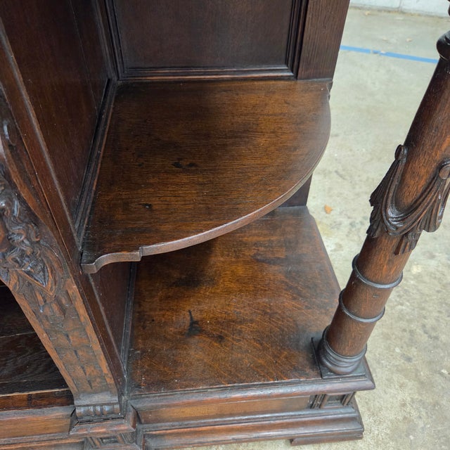 Oak Antique Jacobean Style Walnut Buffet With Ornate Carved Legs, Drawers, & Open Shelving For Sale - Image 16 of 18