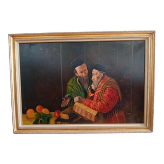 Framed Vintage Judaica Oil Painting on Canvas For Sale