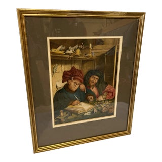 Vintage Hand Colored Engraving of Misers, Framed For Sale