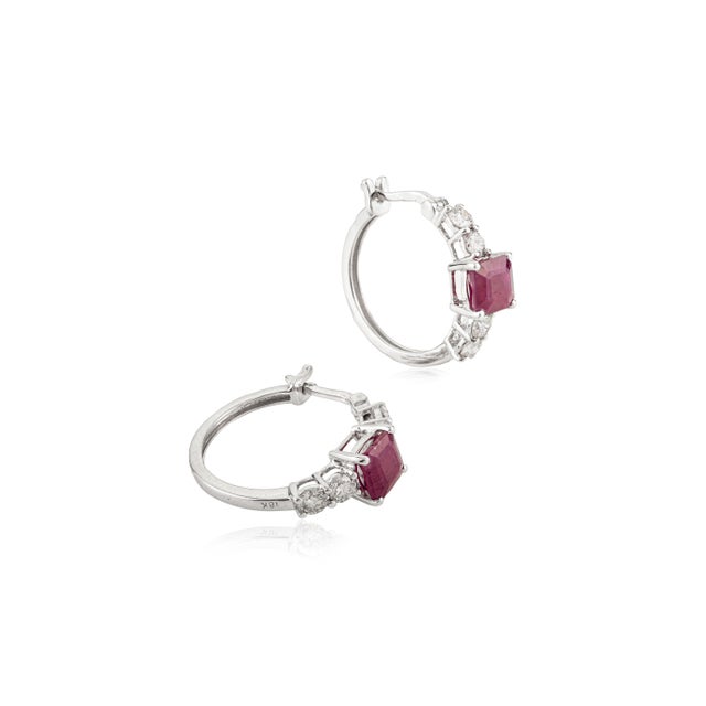 Not Yet Made - Made To Order 18k White Gold 1.9Ct Red Ruby & Diamond Huggie Earrings for Women- 2 Pieces For Sale - Image 5 of 13