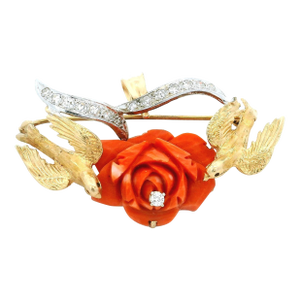 1970s Italian 18k Gold Platinum Diamond & Sardinian Coral Rose Convertible Brooch Pendant