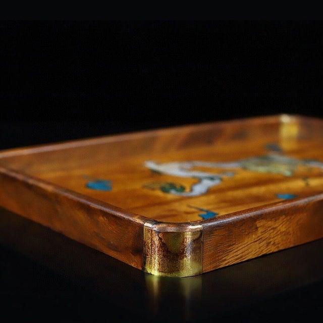 Wood Vintage Rosewood Tray With Mother-of-Pearl Dragon - Brass Mounted Tea Tray For Sale - Image 7 of 9
