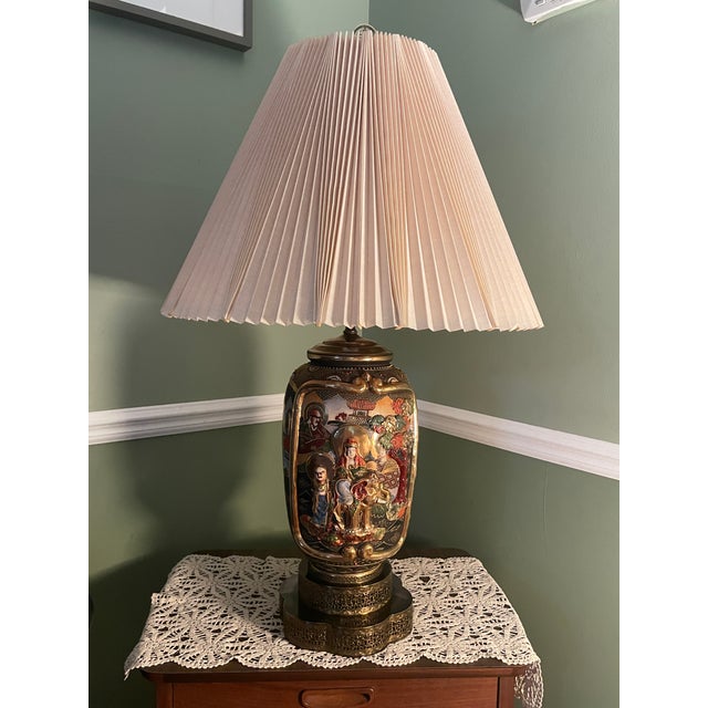 Japanese Vintage 31" Japanese Satsuma Moriage Table Lamp With Pleated Shade For Sale - Image 3 of 18