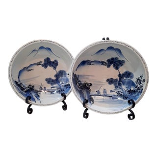 Late 19th CenturyBlue & White Japanese Centerpiece Bowls - Pair For Sale