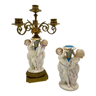 Antique French-Style Bisque Porcelain Cherub Candelabra & Figure Set- 2 Pieces For Sale