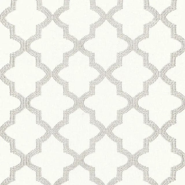 Mod meets Moroccan in this geometric pattern. A fretwork motif embroidered in thick rayon yarn adds dimension and sheen....