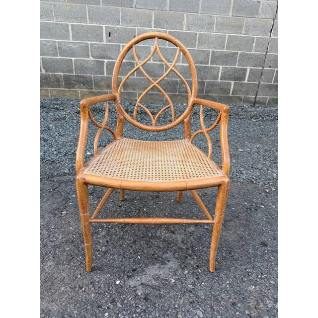 Chinoiserie Vintage McGuire Style Faux Bamboo Rattan Spider Web Design Cracked Ice Caned Seat Armchair For Sale - Image 3 of 17