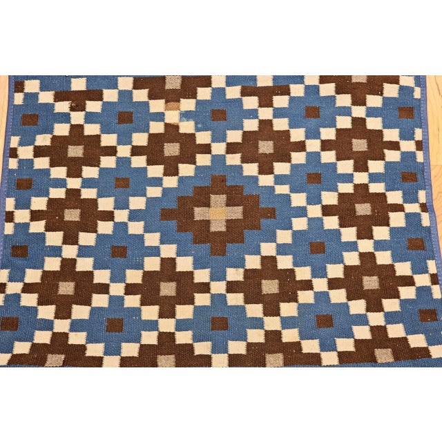 Antique Mexican Saltillo Serape Flat-Woven Kilim Blanket With Royal Blue, Ivory, Brown For Sale In Chicago - Image 6 of 12