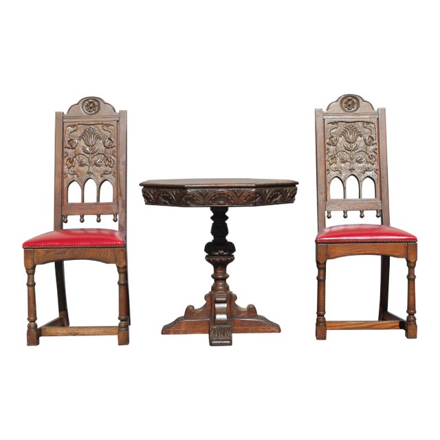 Rennaisance Revival Carved Oak Tea Table & Chairs For Sale