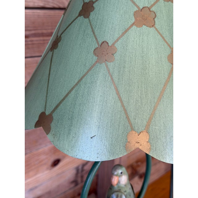 Traditional Vintage Coastal Regency Verdigris Parakeet Table Lamps With Scalloped Metal Shades-Pair For Sale - Image 3 of 11