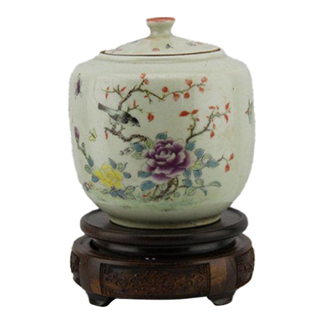 Vintage Floral and Bird Motif Lidded Ginger Jar For Sale