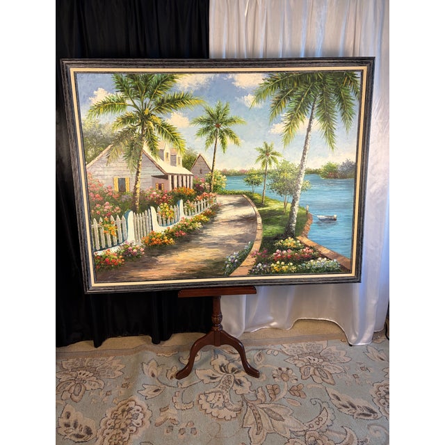 Monumental Coastal Tropical Palm Tree Island Vista Original Oil Painting Immerse your interior in the serene, sun-drenched...