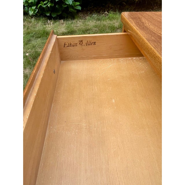 Brown 1970s Compact Solid Hardwood Writing Desk by Ethan Allen – Warm Minimalist Silhouette For Sale - Image 8 of 16