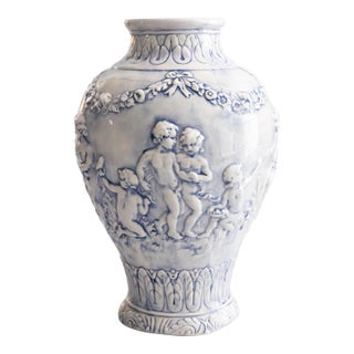 Vintage Neoclassical Style Italian Blue Majolica Cherubs Vase For Sale