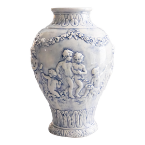 Vintage Neoclassical Style Italian Blue Majolica Cherubs Vase