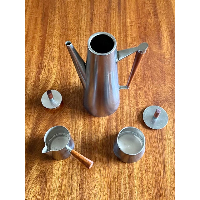 Wood Italian Mid-Century Modern Stainless Steel & Teak Coffee Tea Service - 3pc. Set For Sale - Image 7 of 10