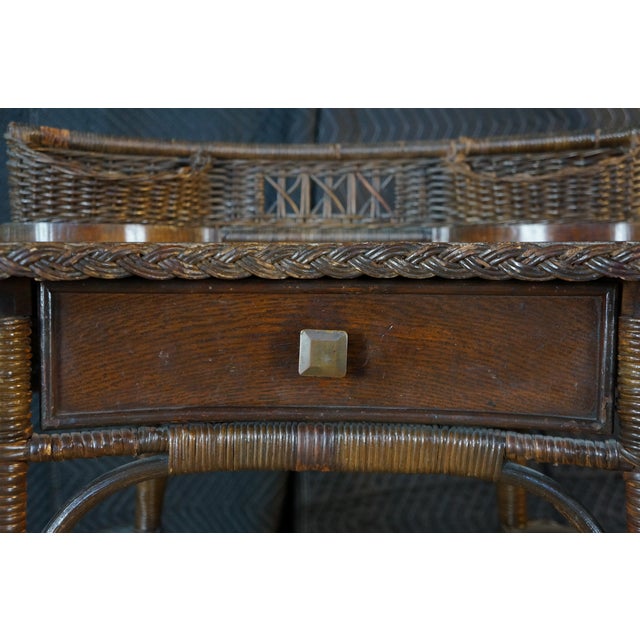 Antique American Quartersawn Oak & Wicker Kidney Writing Desk Dressing Table For Sale - Image 12 of 16